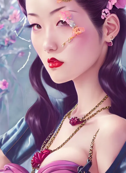 Image similar to a pin up and beautiful fashion dreamlke japan girl with lv jewelry, character art, art by artgerm, wlop, loish, hyperdetailed, 8 k realistic, symmetrical, global illumination, radiant light, frostbite 3 engine, cryengine, dof, trending on artstation, digital art, chanel, dior, detailed background