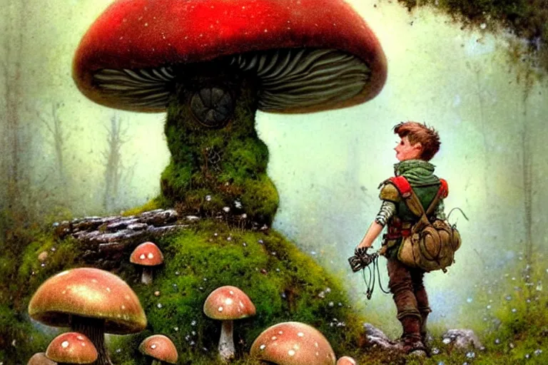 Prompt: adventurer ( ( ( ( ( 1 9 5 0 s retro future robot android boy in forrest of giant mushrooms, moss and flowers stone bridge. muted colors. ) ) ) ) ) by jean baptiste monge!!!!!!!!!!!!!!!!!!!!!!!!! chrome red