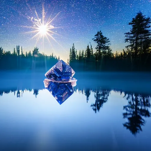 Image similar to abstract crystal sculpture of a nebula hovering above a clear blue lake in a clearing in the middle of an evergreen forest at dawn