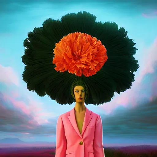 Image similar to giant carnation flower head, girl in suit, surreal photography, sunrise, dramatic light, impressionist painting, digital painting, artstation, simon stalenhag