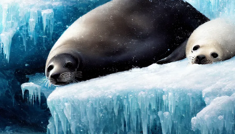 Image similar to highly detailed closeup painting of one big seal looking after lots of cute furry white baby seals inside a snowy fantasy ice crystal cavern by william turner, by greg rutkowski, by william constable, thick brush strokes and visible paint layers, 4 k resolution