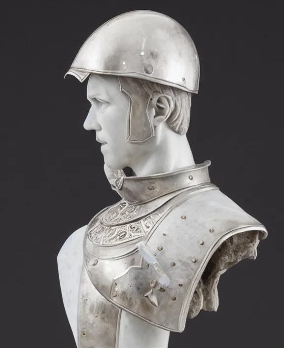 Prompt: a modern marble and ruby sculptural bust of a male knight, wearing silver armor, delicate, intricate, smooth, beautiful, by charles van der stappen