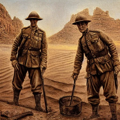 Image similar to ultra detailed photorealistic sepia - toned painting from 1 9 1 7, three british soldiers standing at an archaeological dig site in wadi rum, ultra realistic, painted, intricate details, lovecraft, atmospheric, dark, horror, brooding, highly detailed, by dave dorman