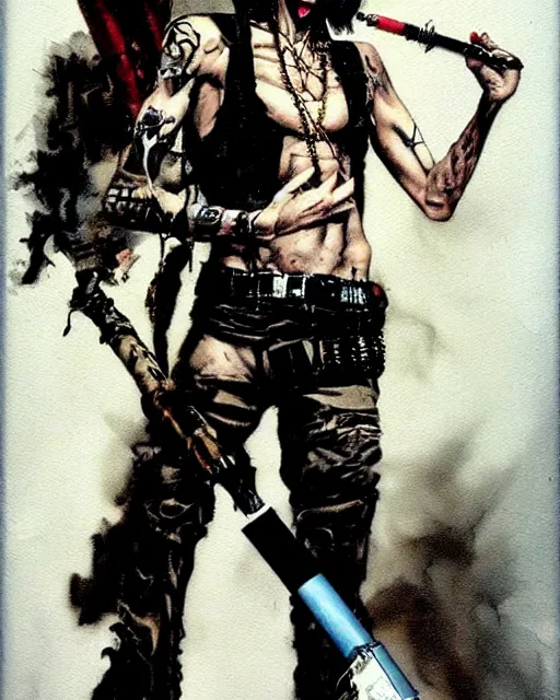 Image similar to portrait of a skinny punk goth soldier smoking a cigarette by simon bisley, john blance, frank frazetta, fantasy, barbarian