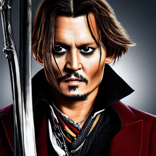 Image similar to johnny depp!!!! holding a sword, photorealistic, 4 k, 8 k