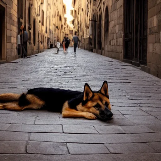 Image similar to a german shepherd shiba inu mix dog lying on the street in ancient florence, high quality digital art, photo realism, cinematic lighting, moody lighting