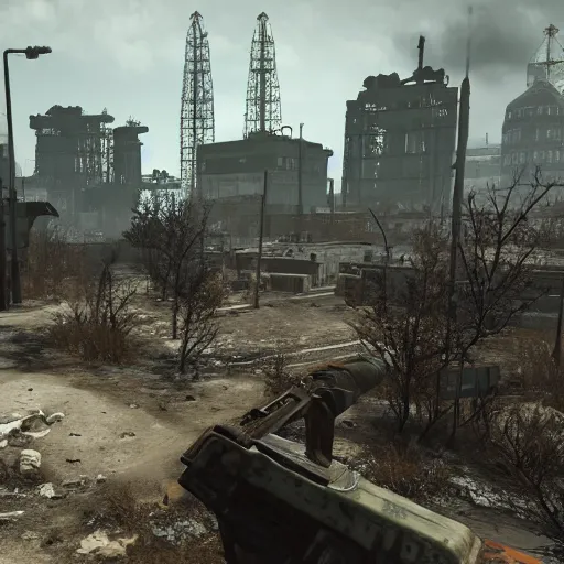 Image similar to Moscow in ruins post-nuclear war in Fallout 4, in game screenshot