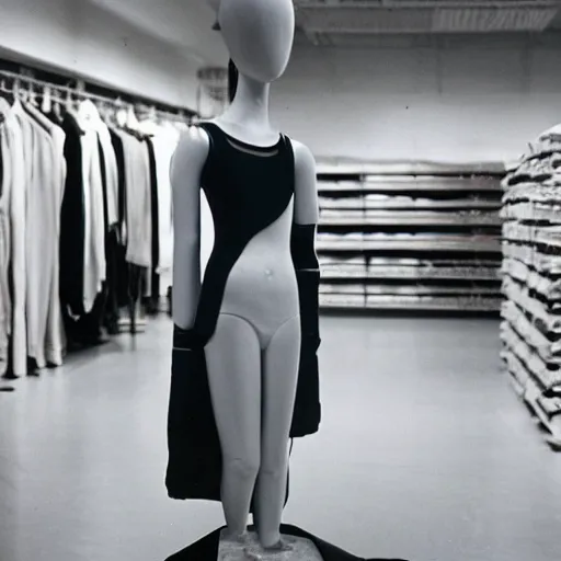 Prompt: empty retail backroom room with a lone surprised fashionable mannequin girlfriend in front of the camera cinestill 7 0's film liminal