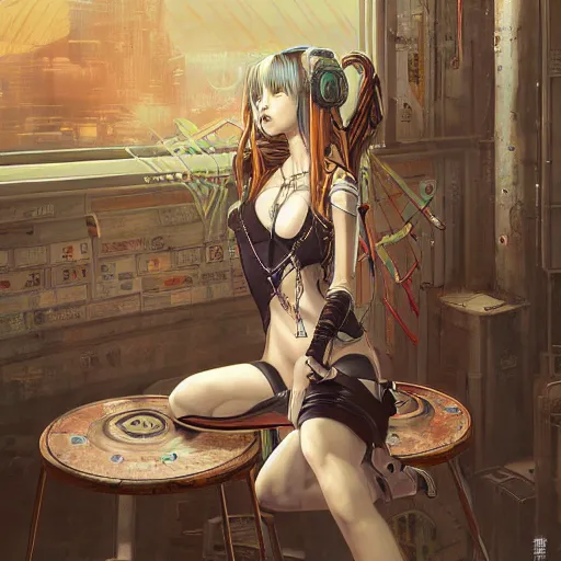 Image similar to a painting of a woman sitting on a stool, cyberpunk art by masamune shirow, pixiv contest winner, fantasy art, steampunk, enchanting, detailed painting, storybook illustration