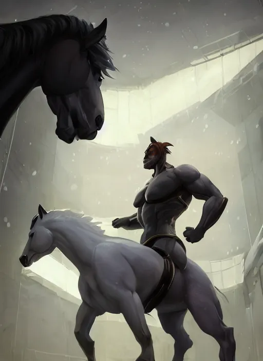 Image similar to splash art of an enormously muscular male anthro horse in a research facility wearing a skintight body armor, long white mane, furaffinity, anthro art, 8 k, unreal engine, by greg rutkowski, makoto shinkai and lois van baarle, ilya kuvshinov, rossdraws, tom bagshaw