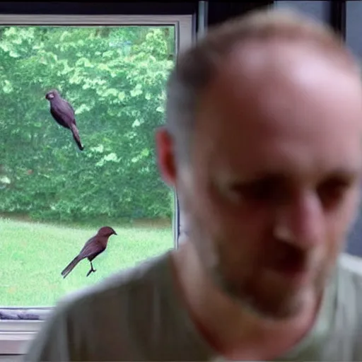 Image similar to Man realizes birds aren't real anymore, they never were. Man comtemplates deeply on this while watching birds out his window.