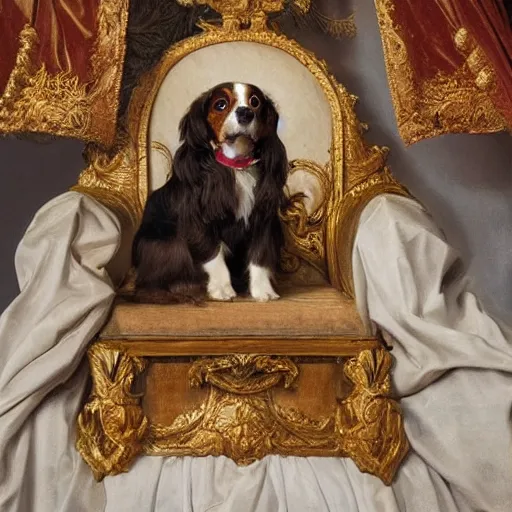 Prompt: a cavalier king charles sitting on a medieval throne in the style of rococo, renaissance painting