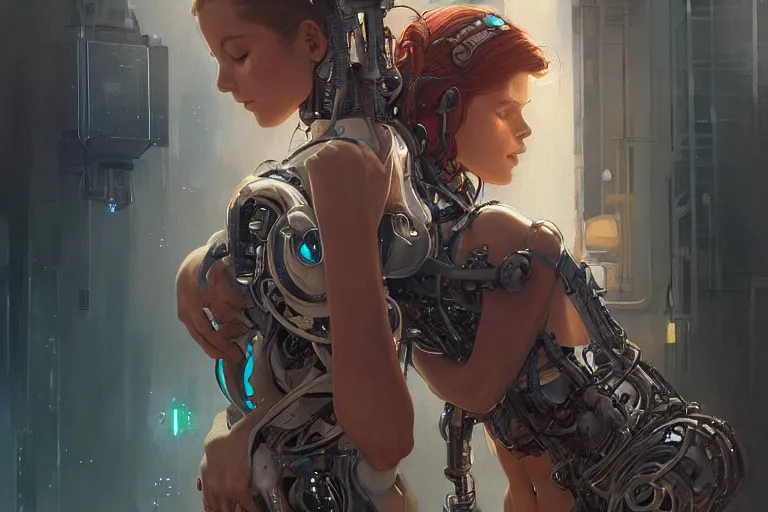 Image similar to Ultra realistic illustration, woman hugging a robot cyberpunk, sci-fi, fantasy, intricate, elegant, highly detailed, digital painting, artstation, concept art, smooth, sharp focus, illustration, art by artgerm and greg rutkowski and alphonse mucha