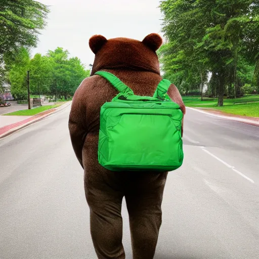 Image similar to big realistic bear standing on two legs, wearing big green bag at his bac, square backpack, photo realistic, high detail, smooth