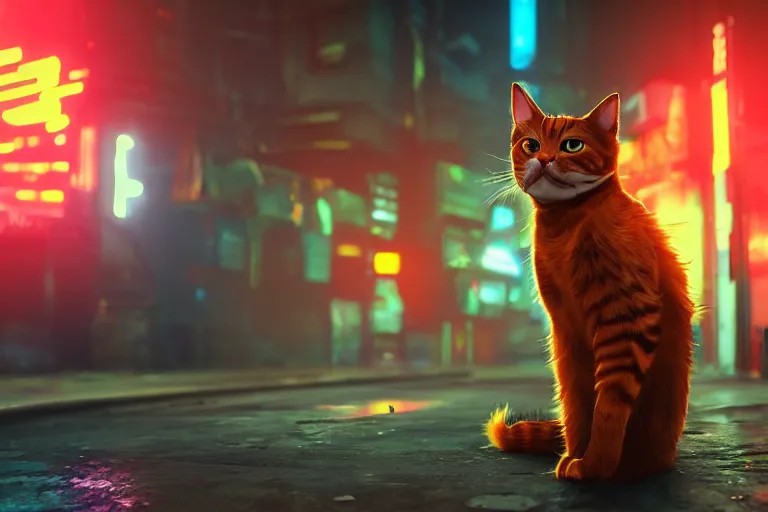 Prompt: cyberpunk ginger cat in the alley, neon lighting, rendered in unreal engine, trending on artstation