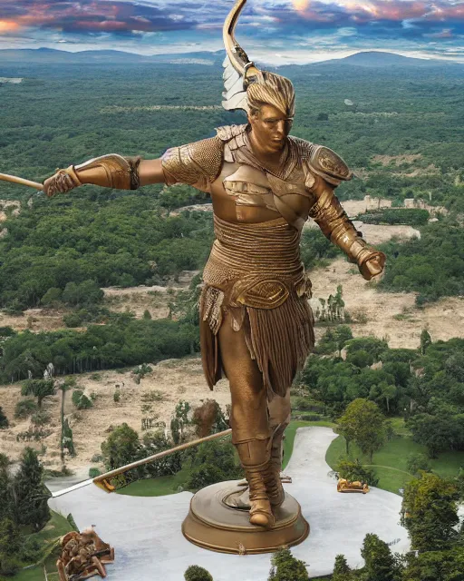 Image similar to a gigantic 1 0 0 0 foot bronze statue of a president donald trump holding his spear and shield, god of war, fantasy landscape, thousands of tiny onlookers, photorealistic, atmospheric