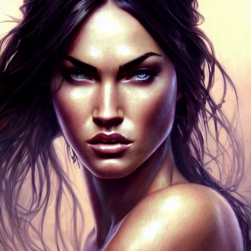 Image similar to portrait of megan fox, muscular upper body, bikini, fantasy, intricate, elegant, highly detailed, digital painting, artstation, concept art, matte, sharp focus, illustration, art by aenaluck and roberto ferri and greg rutkowski, epic fantasy, digital painting