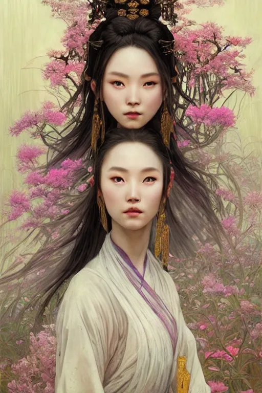 Image similar to beautiful ancient fantasy portrait of wuxia heroine like tzuyz twice, in forbidden City, flowers rainning everywhere, beautiful glowing galaxy eyes, hybrid from Dynasty Warriror, artstation, concept art, smooth, sharp focus, illustration, art by tian zi and WLOP and alphonse mucha, fantasy, intricate, very very beautiful, elegant, highly detailed, digital painting