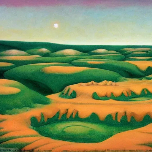 Image similar to badlands made of cupcake icing, grant wood, pj crook, edward hopper, oil on canvas