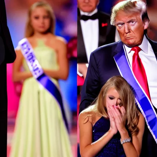 Image similar to Donald Trump losing a beauty pageant and looking sad, wiping away a tear