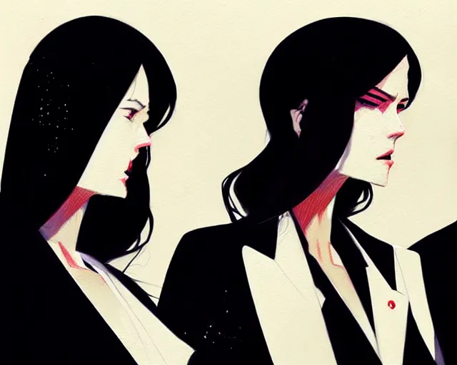 Image similar to a ultradetailed portrait painting of three women in black suits, by conrad roset, greg rutkowski and makoto shinkai trending on artstation