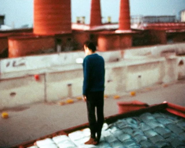 Image similar to lomo photo of man standing on the roof of soviet hrushevka, small town, cinestill, bokeh, out of focus