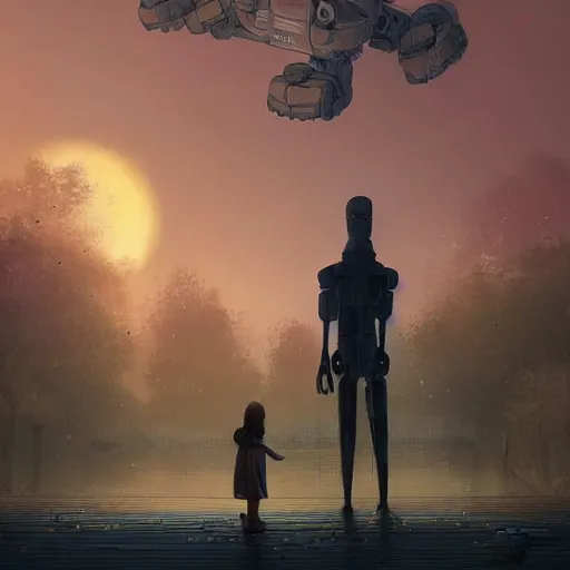 Prompt: digital painting of child playing with a huge humanoid robot in a park, sunset, a dark dystopian city behind a huge wall, stunning, cinematic lighting, concept art by greg rutkowski and simon stalenhag, artstation