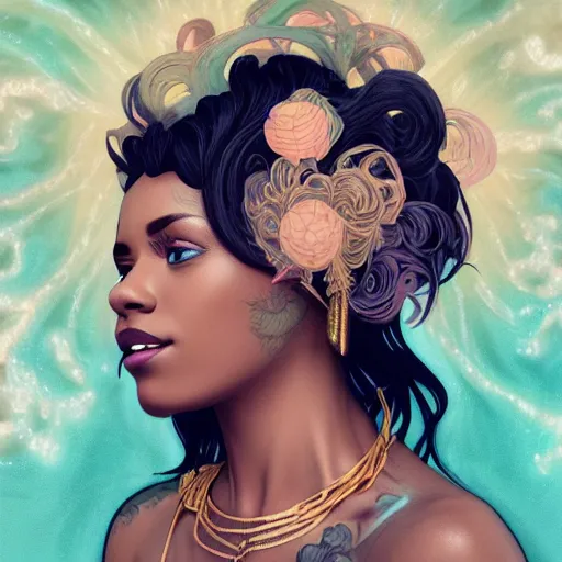 Image similar to black woman with gorgeous pastel balayage hairstyle face tattoos and gold teeth, as seen on artgerm, octane render, exploding nebulae in the style of alphonse mucha, ultra realistic, highly detailed, 8 k,