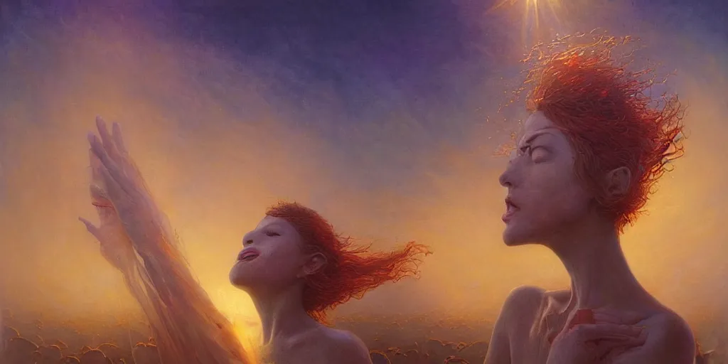 Prompt: Surreal. Vivid. Crying woman. Beautiful. Blinding. Heavenly. Rays of light. WLOP!!!. Sunset. Captivating. James Paick. Gustave Baumann. Guy Denning. Jean Delville. Clyde Caldwell. Andrew Ferez. John Harris. Steve Henderson. Anato Finnstark. Gabriel Dawe. Extremely detailed. 4K.