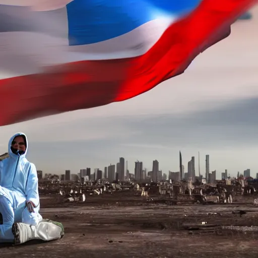 Image similar to a beautiful award-winning photo of the last man on Earth wearing a hazmat suit sitting near the flag of Argentina, serene idyllic post-nuclear background, a mirage of a skyline of a destroyed city, volumetric lighting, very high quality, extremely detailed, subtle visual noise, 8K