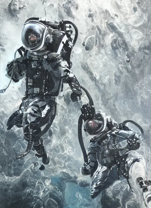 Image similar to astronauts in dark and empty void underwater poster - complex and hyperdetailed technical suit. go pro selfie. reflection and dispersion materials. rays and dispersion of light. volumetric light. 5 0 mm, f / 3 2. noise film photo. flash photography. ultra realistic. poster by wayne barlowe, hajime sorayama aaron horkey, craig mullins