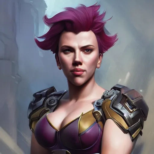 Image similar to detailed portrait of scarlett johansson as muscular zarya from overwatch, beautiful, fantasy, intricate, elegant, highly detailed, digital painting, artstation, concept art, matte, sharp focus, illustration, art by aenaluck, artgerm and roberto ferri and greg rutkowski, epic fantasy, digital painting