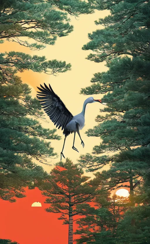 Prompt: a huge japanese crane bird is chilling above a lake in the middle of a forest of japanese pines, a big red sun in the background, front trading card, photorealistic, high details, trending on behance, 8k, stunning, volumetric, ray tracing