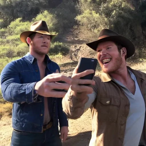 Image similar to chris pratt as indiana jones taking a selfie with harrison ford, instagram, cinematic, natural lighting, genuine smile