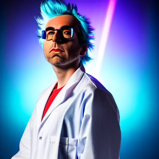 Image similar to portrait of rick sanchez, lab coat and tee shirt, lens flare, atmosphere, glow, detailed, intricate, full of colour, cinematic lighting, 4 k, hyperrealistic, focused, extreme details, cinematic, masterpiece