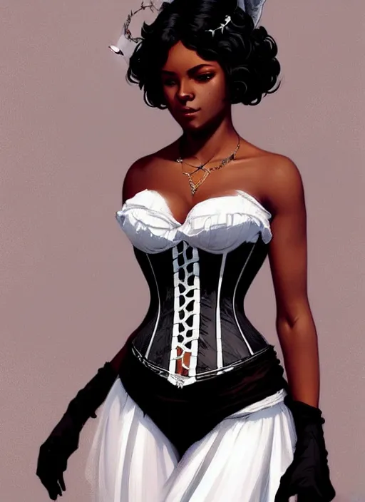 Image similar to cute black woman wearing a white corset dress, fantasy, intricate, highly detailed, digital painting, artstation, concept art, wallpaper, smooth, sharp focus, illustration, art by artgerm and greg rutkowski and alphonse mucha