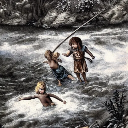 Prompt: medieval childs playing in a river, artwork, fantasy, nature, forest
