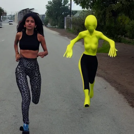 Image similar to alien next to salma haylek running from aliens