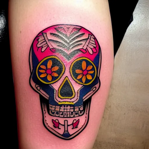 Image similar to a small vector tattoo design. art deco sugar skull.