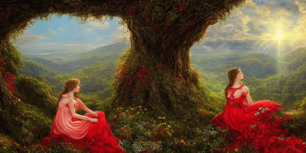 Prompt: an elegant fairy in a red lace dress sitting and looking out at a lord of the rings scenery landscape, vast lush valley flowers and giant mushroom structures, stream, sunrise, god's rays highly detailed, vivid colour, soft clouds, floral sunset, cinematic lighting, perfect composition, 8 k, gustave dore, derek zabrocki, greg rutkowski, belsinski,