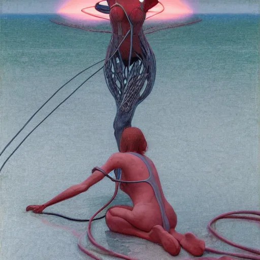 Image similar to portrait, shore of the lake, woman wrapped around by tubes and cables, glowing red, by edgar maxence and ross tran, zdzisław beksinski, and michael whelan, distant, gustav dore, h. r. giger, 8 k, octane render