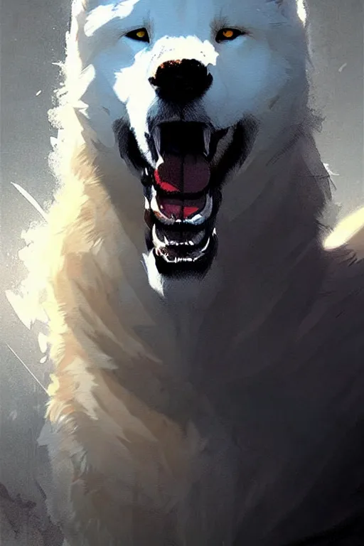 Image similar to greg rutkowski art poster, heroic samoyed. trending on artstation