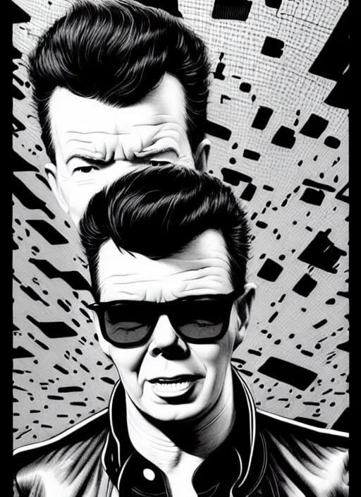 Image similar to rick astley in never gonna give you up, extremely detailed, bold line art, by vincent di fate and joe fenton and artgerm, inking, etching, screen print, masterpiece, trending on artstation, sharp, high contrast, hyper realistic, hd, 4 k, 8 k