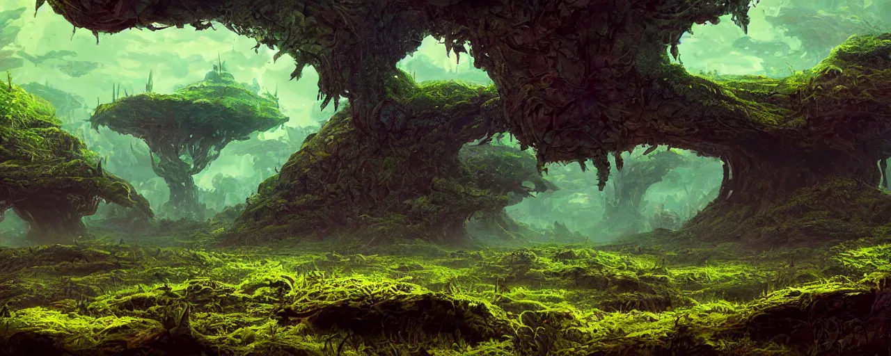 Image similar to ” mysterious alien landscape covered in foliage, [ lush, cinematic, detailed, epic, widescreen, opening, establishing, mattepainting, photorealistic, realistic textures, octane render, art by slop and paul lehr ] ”