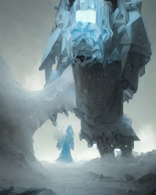 Image similar to ''illustration of a ice golem, lol, fantasy, d & d, digital painting, artstation, concept art, sharp focus, illustration, art by greg rutkowski and alphonse mucha''