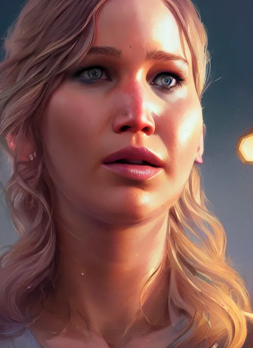 Image similar to highly detailed portrait of jennifer lawrence in gta v, stephen bliss, unreal engine, fantasy art by greg rutkowski, loish, rhads, ferdinand knab, makoto shinkai and lois van baarle, ilya kuvshinov, rossdraws, tom bagshaw, global illumination, radiant light, detailed and intricate environment