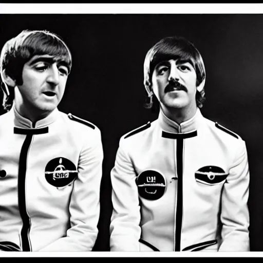 Prompt: the beatles as astronauts, black and white photo, high quality, epic, cinematic, heroes