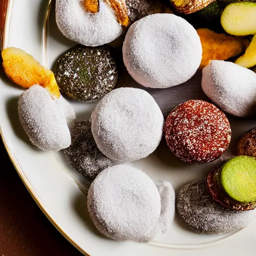 Prompt: powdered donuts and pickles piled on an ornate platter, high resolution photograph, beautiful lighting