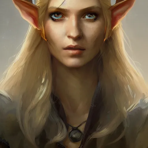 Image similar to A head-on detailed oil portrait of a distinguished elf woman with small cuflhcopper horns, long blonde hair and bright irises, by greg rutkowski, trending on artstation, dungeon and dragons art