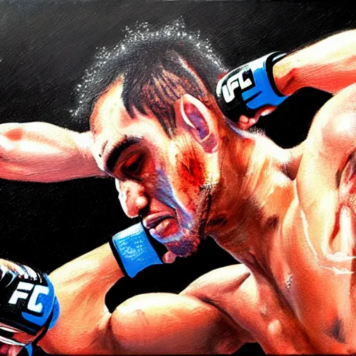 Image similar to tony ferguson knocked out, UFC, MMA, mixed martial arts, Ultimate fighting championship, trending on artstation, detailed art, oil painting